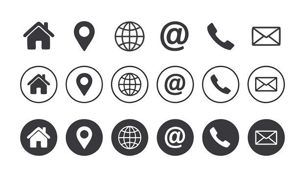 Set of contact information icons including home, location, globe, email, phone, and message symbols