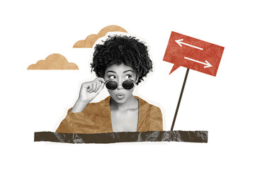 Creative picture collage young beautiful woman roadsign arrows wonder find way path direction...