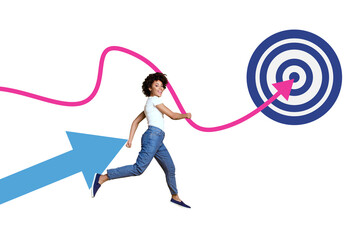 Naklejka premium Creative artwork template sketch image 3D collage of young lady walk arrow aim business motivation target purpose up strategy goal success