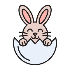 Fototapeta premium Cute Easter bunny in egg shell vector icon. Colorful outline illustration of a happy rabbit with editable stroke. Minimalist spring holiday character isolated on white background.