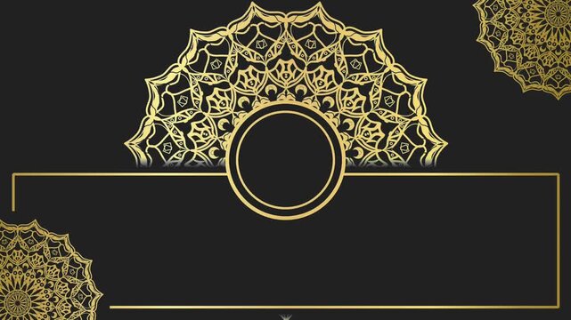 Gold mandala motion on black background with elegant frame border for premium invitation cards, ramadan greetings, certificates, and royal branding.