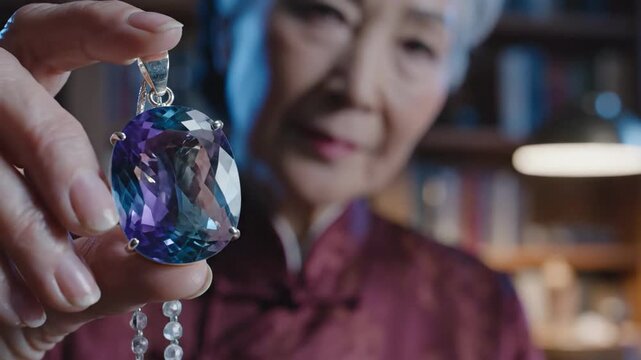 Elderly woman holding a large iolite pendant