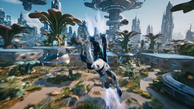 Futuristic flight: a woman soars above a viintimate apparelnt, alien cityscape in sleek, white and blue jetpack, showcasing advanced technology and lush, surreal landscapes.