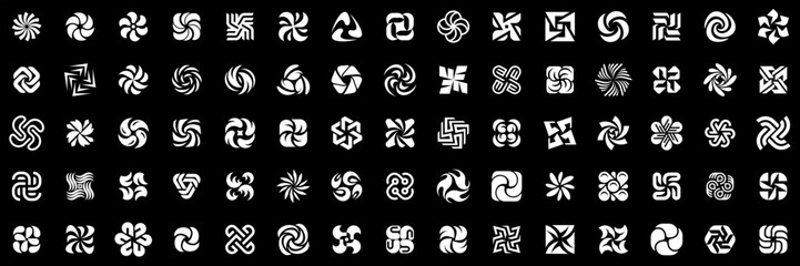 Flowing spiral and swirl logos. Collection of round logos featuring, spirals, and vortex elements. Abstract symbols for branding, identity, and corporate design. Flat style 