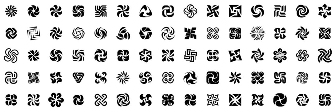 Flowing spiral and swirl logos. Collection of round logos featuring, spirals, and vortex elements. Abstract symbols for branding, identity, and corporate design. Flat style 