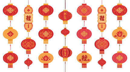  template set of Chinese lanterns with flat design stylized as vibrant stickers, featuring bold lines, geometric shapes, and bright colors, including red