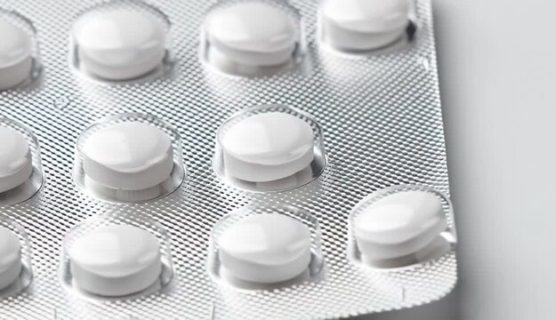 A blister pack of white round pills on white background, 10 tablets arranged in 2 rows of 5, silver metallic foil backing with diagonal crosshatch pattern