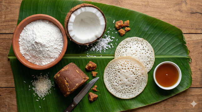 Flat Lay Ingredients for Traditional Bengali Chitoi Pitha with Rice Flour, Coconut, and Jaggery on Banana Leaf