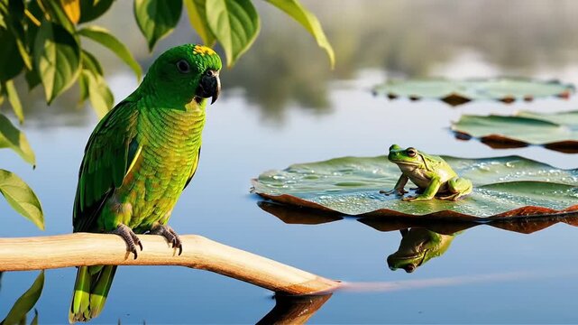 Vibrant green parrot perched on a branch observes a curious tree frog resting on a lily pad in a tranquil pond reflecting lush foliage and soft light
