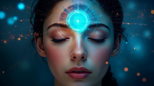 A mystical visual background designed for meditation, focusing on the concept of awakening the third eye. Radiant energy emanates from the forehead area, symbolizing inner vision, higher consciousness