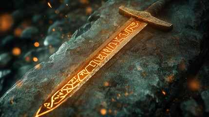 Close-up of Ancient Enchanted Sword with Glowing Golden Runes on Dark Stone