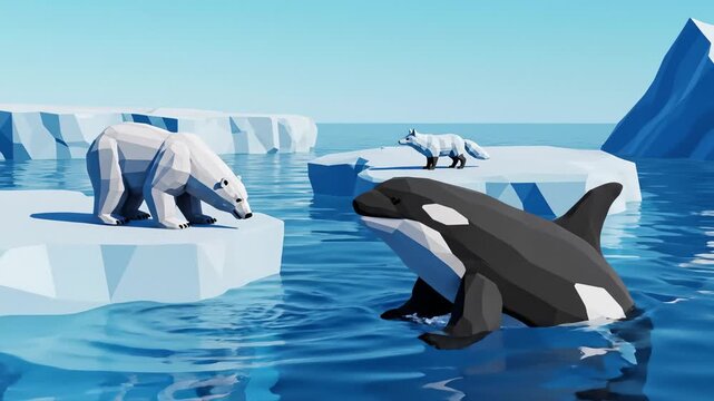 Low Poly Arctic Animals on Ice Floes, Polar Bear, Fox and Killer Whale