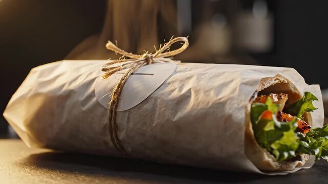 Wrapped shawarma with grilled meat and greens on a dark surface, tied with twine and a blank label