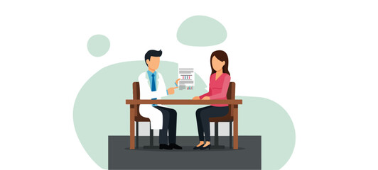 Fototapeta premium Friendly male doctor explaining test results from a clipboard to a female patient during a consultation in his modern and bright clinic office.