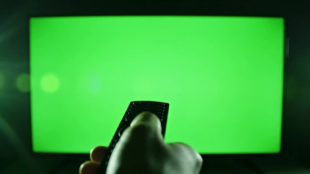 Green Screen black remote control television changing one channel scene 2 with distortion, overlay, glitch, static noise, scan lines on background, 4k animated video loop