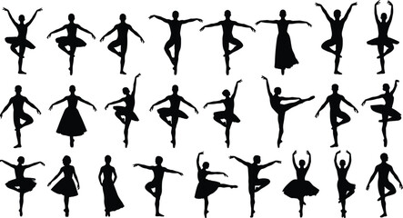 Large collection of ballet dancer silhouettes performing classical dance poses, graceful ballerina and male dancer figures, professional stage performance vector isolated set, © It's Majed Here