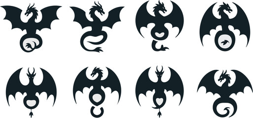 Naklejka premium Black Dragon Silhouettes Flying Various Poses