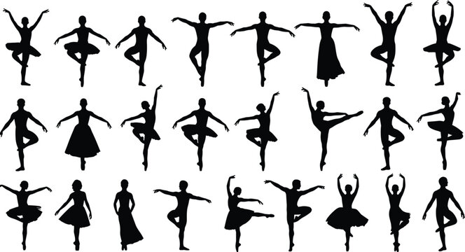Large collection of ballet dancer silhouettes performing classical dance poses, graceful ballerina and male dancer figures, professional stage performance vector isolated set,