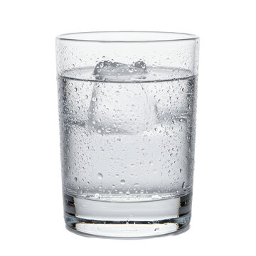 Close-up of a clear glass tumbler with a heavy base, filled with pure de-ionized water, covered in sparkling condensation and droplets on a white background, concept of refreshing coldness and purity