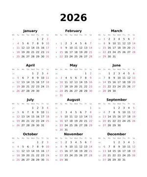 Kalender 2026 mit Wochenz&auml;hlung, englisch, erster Wochentag ist Sonntag, Hochformat	