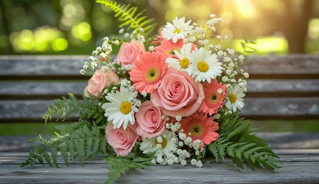 Beautiful flower bouquet placed on rustic wooden park bench, arrangement of pink roses, white daisies, coral roses, pink gerbera daisies, baby's breath and green ferns