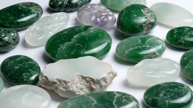 Close Up of Green and White Jade Stones, Gemstone Collection