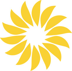 Fototapeta premium Сircular stylized sun icon with yellow petals isolated on white background. Abstract natural symbol. Vector graphic for logo, emblem, app