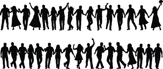 Large crowd of people dancing and holding hands in silhouette, set of party celebration icons, birthday event vector illustration isolated on white background (24 words)