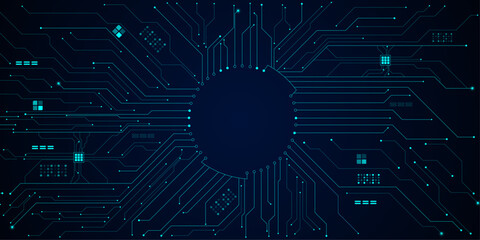 Glowing AI circuit portal with neon HUD elements and digital tech lines spreading across futuristic background. Technology science concept banner.