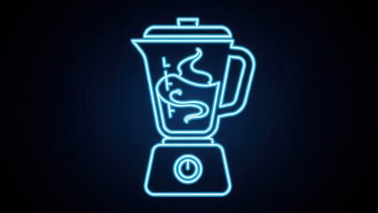 Vibrant blue neon kitchen blender icon creating a refreshing drink on a dark background