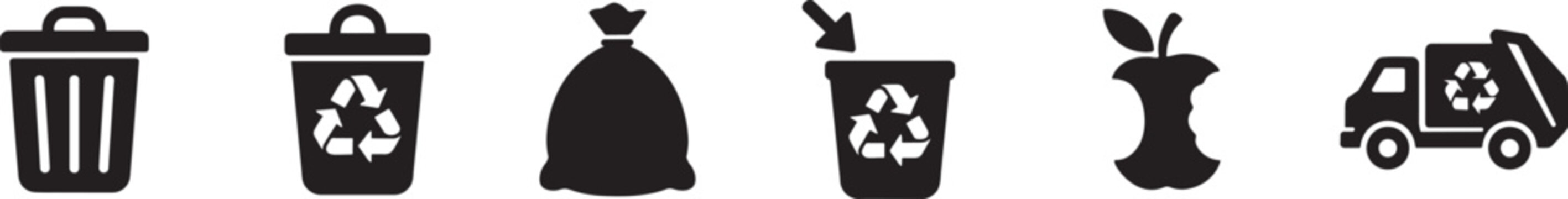 Waste icon set with recycling, trash and environmental management symbols in clean outline vector style.