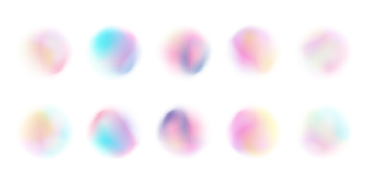 Bright colorful circle gradient set. Round blur gradation background collection. Iridescent radial blurry shape pack for poster, banner, leaflet, brochure. Eps10
