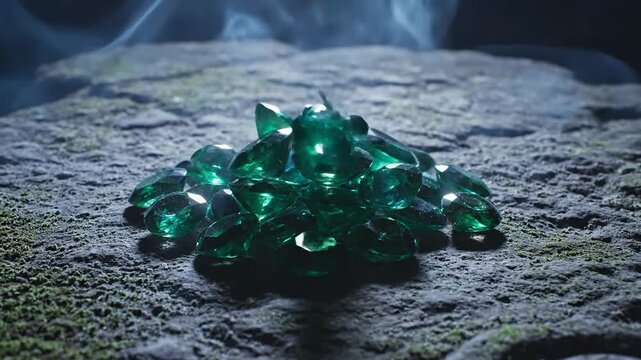 Emerald Gems on Textured Surface with Smoke Aura