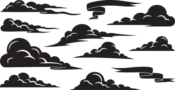 Collection of various black cloud shapes and silhouettes isolated