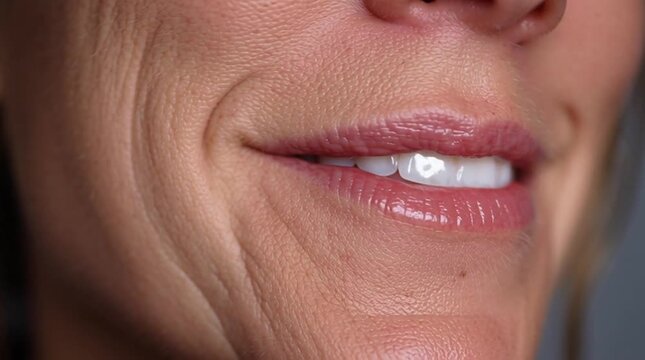 close-up of a restrained smile that does not reach the eyes, with subtle tension visible in the jaw and skin, capturing emotional dissonance and controlled expression.