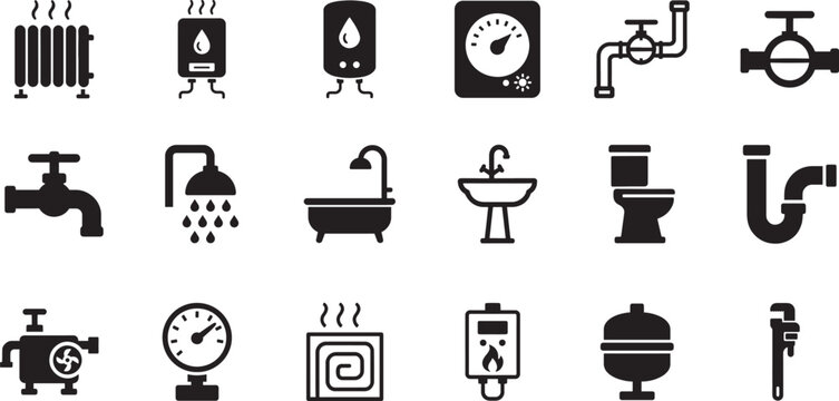 Heating and plumbing line icon set with boiler, pipe, radiator and repair symbols in clean vector style.