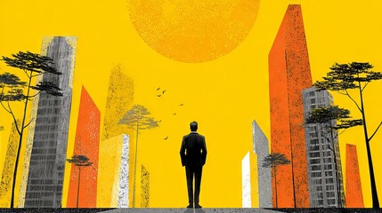 Abstract Business Review Illustration of a Person Overlooking a Modern Cityscape