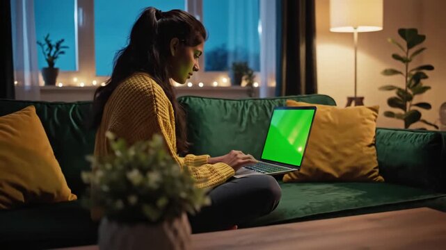Green Screen zoom out from laptop mockup on girl hands sitting sofa evening time scene 2 with distortion, overlay, glitch, static noise, scan lines black background, 4k animated video loop