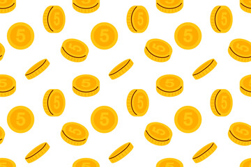 Seamless pattern with Coins with number 5, finance motif. Doodle vector illustration for budgeting, counting, finance education. Repeated background for wallpaper, textile, wrapping, packaging.