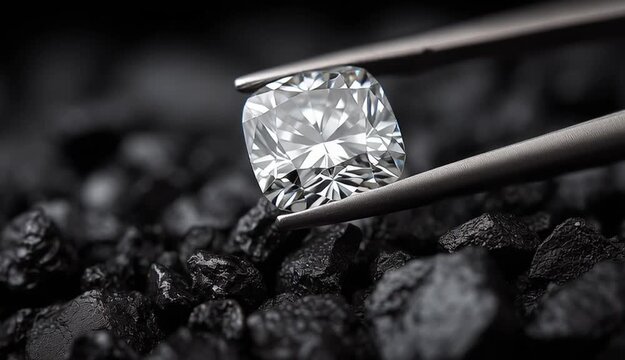 Cushion cut diamond held by precision tweezers against dark black background, brilliant white diamond with perfect facets and reflections, resting 
on bed of small black rough diamonds or coal pieces