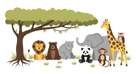 Fotobehang Zoo Colorful cartoon animals gathered under a tree in a vibrant savannah scene.  © Abhinaya Project