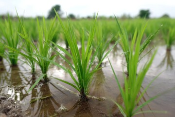 Obraz premium Lush Green Rice Fields Under Overcast Sky Just Before Incoming Rain