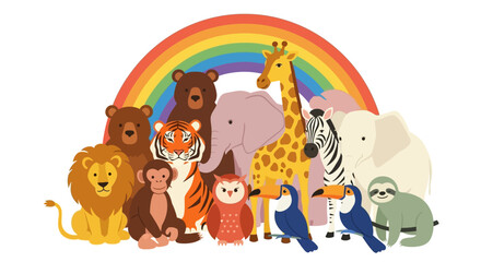 Obraz premium Colorful cartoon animals gathered around a vibrant rainbow.
