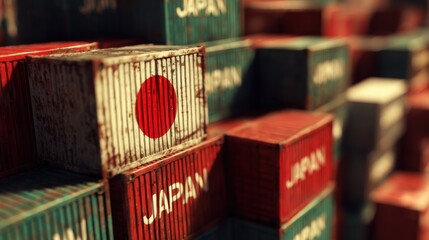 Colors of shipping containers at a port with Japan flag and container labels during daytime