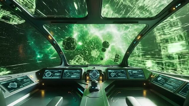 Green Screen inside a spaceship cockpit on render 3d scene 2 with distortion, overlay, glitch, static noise, scan lines black background, 4k animated video loop
