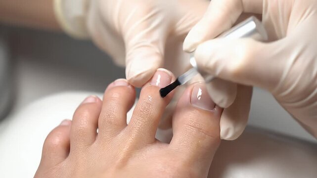 A beautician in a glove applies black nail polish to a toenail during a pedicure.