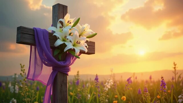 Wooden cross adorned with white Easter lilies, purple cloth draped, sunrise background, spring flowers blooming, resurrection symbol, hope and renewal