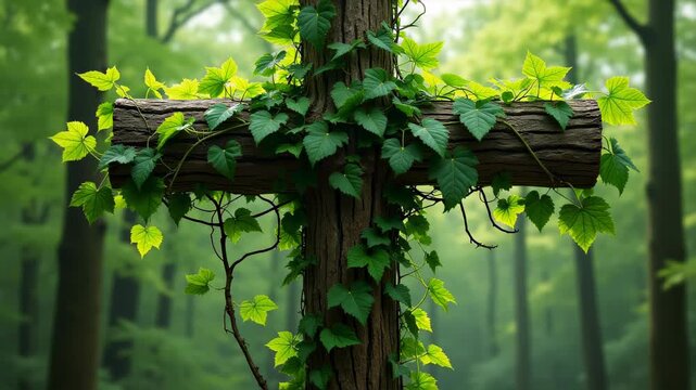 Lush green vine branches twisting energetically around wooden cross, abiding faith parable growth surge, religious christianity symbol