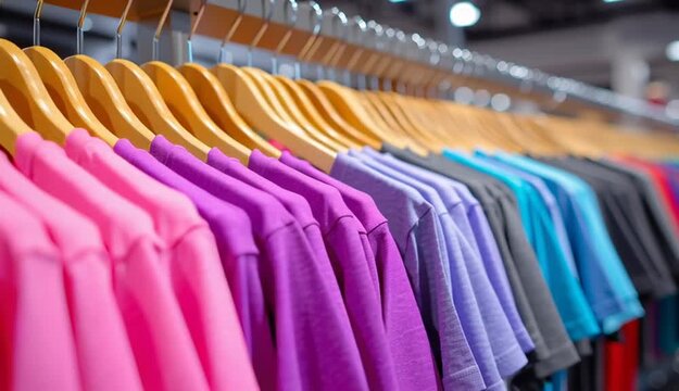 A row of colorful t-shirts hanging on wooden hangers on a clothing rack, arranged in rainbow spectrum order from red, gray, turquoise, teal, green, yellow, orange to pink