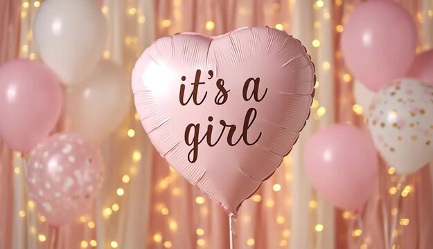 Pink heart-shaped balloon with "it's a girl" text in black script lettering, surrounded by pink and white balloons, baby shower or gender reveal party decoration
